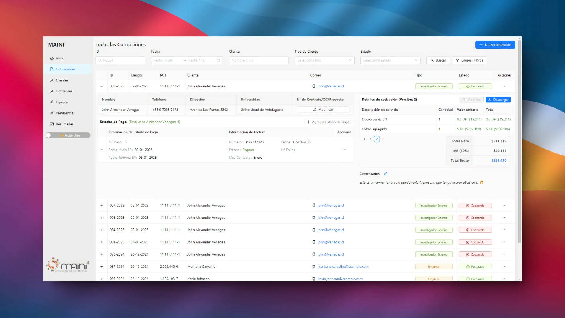 Vista previa de Administración de servicios MAINI